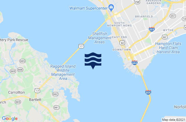 Karte der Gezeiten 1.5 miles SW of shipbuilding plant, United States