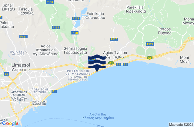 Karte der Gezeiten Akroúnta, Cyprus