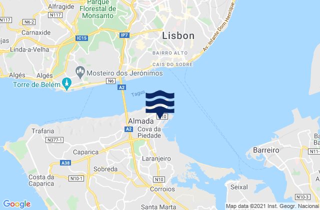 Karte der Gezeiten Almada, Portugal