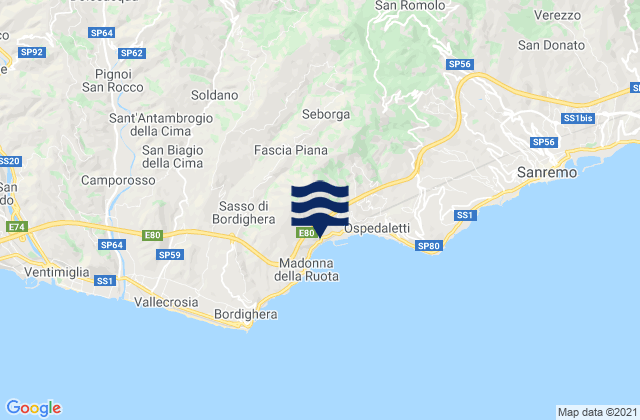 Karte der Gezeiten Apricale, Italy