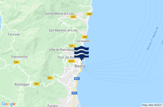 Karte der Gezeiten Bastia, France