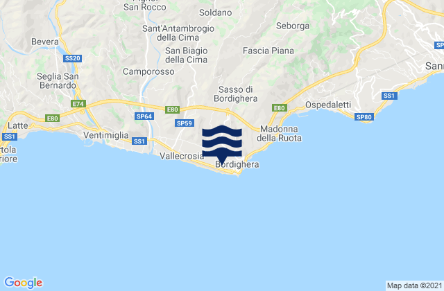 Karte der Gezeiten Bordighera, Italy