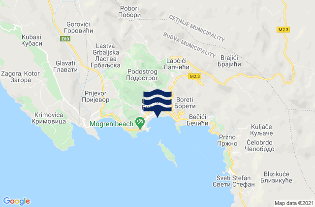 Karte der Gezeiten Budva, Montenegro