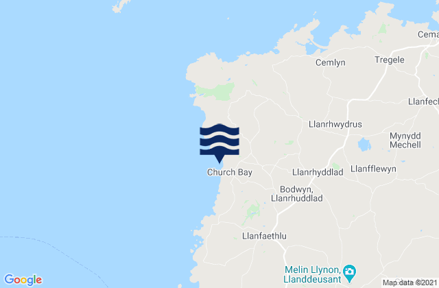 Karte der Gezeiten Church Bay - Porth Swtan Beach, United Kingdom