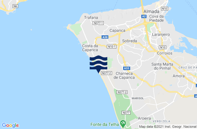 Karte der Gezeiten Costa da Caparica, Portugal