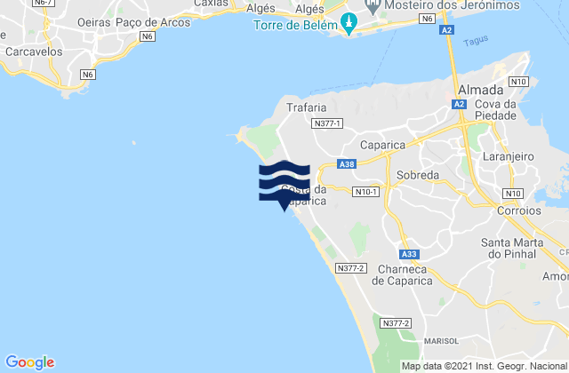 Karte der Gezeiten Costa de Caparica, Portugal