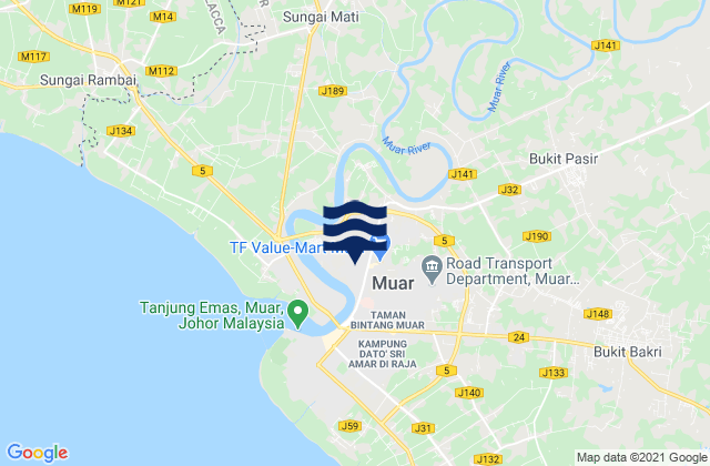 Karte der Gezeiten Daerah Muar, Malaysia