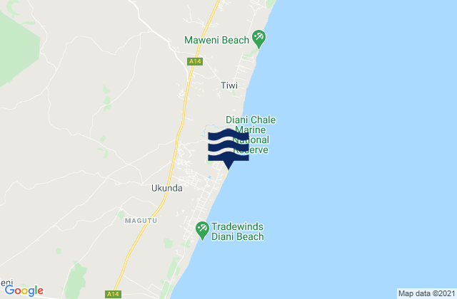 Karte der Gezeiten Diani Beach, Kenya