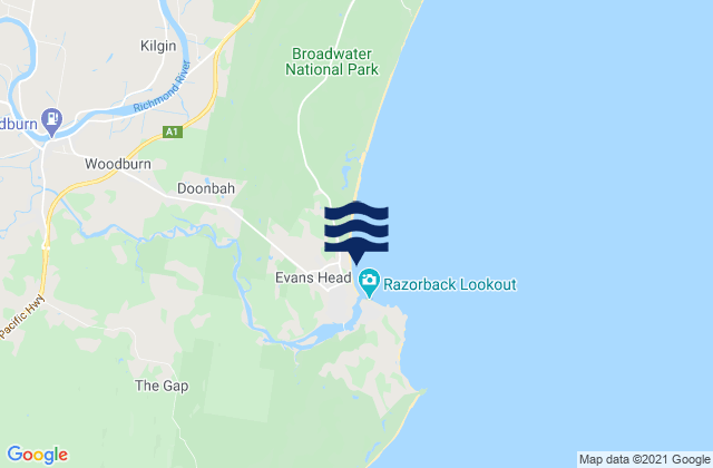 Karte der Gezeiten Evans Head-Airforce Beach, Australia