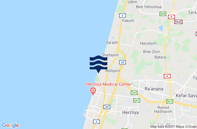 Karte der Gezeiten Hod HaSharon, Israel