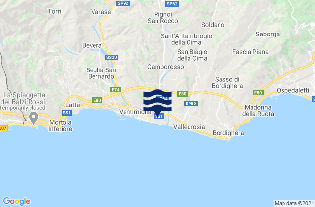 Karte der Gezeiten Isolabona, Italy
