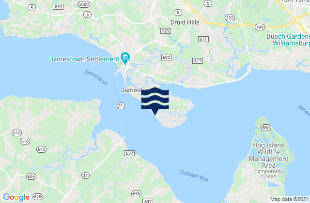 Karte der Gezeiten Jamestown Island, United States
