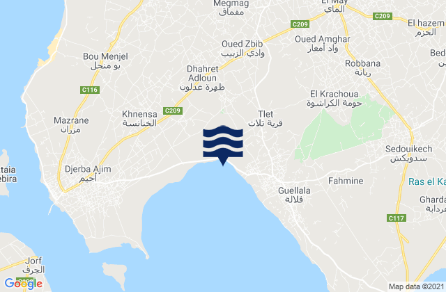 Karte der Gezeiten Jerba Ajim, Tunisia