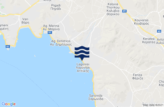 Karte der Gezeiten Kalývia Thorikoú, Greece