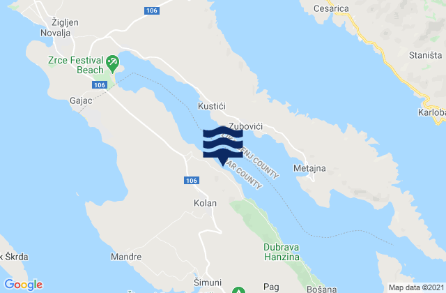 Karte der Gezeiten Kolan, Croatia