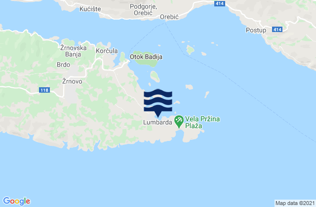 Karte der Gezeiten Lumbarda, Croatia