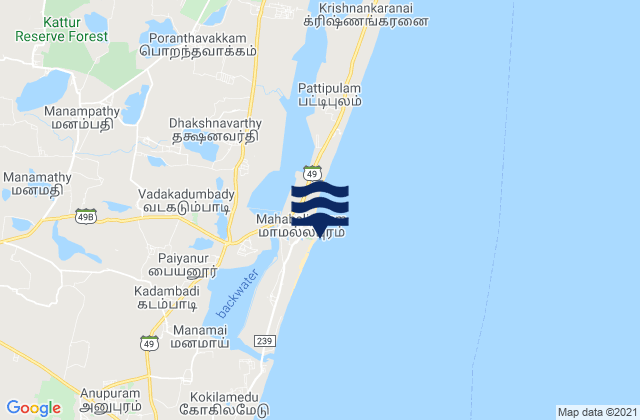 Karte der Gezeiten Mahabalipuram (Shore Temple), India