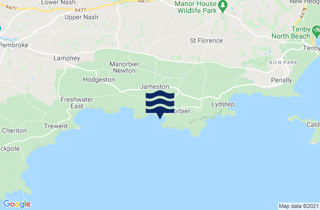 Karte der Gezeiten Manorbier Bay Beach, United Kingdom