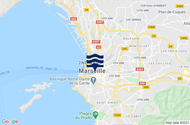 Karte der Gezeiten Marseille - Le Prado, France