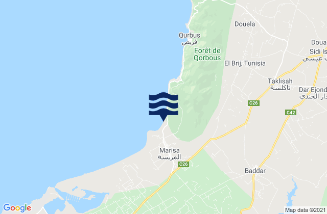 Karte der Gezeiten Menzel Bouzelfa, Tunisia