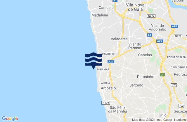 Karte der Gezeiten Miramar, Portugal