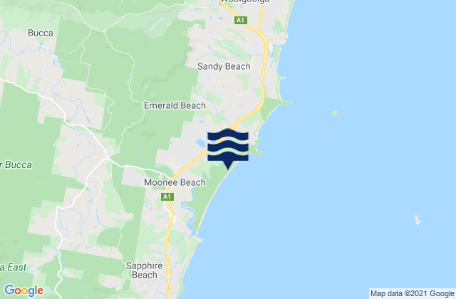 Karte der Gezeiten Moonee Beach and Creek, Australia