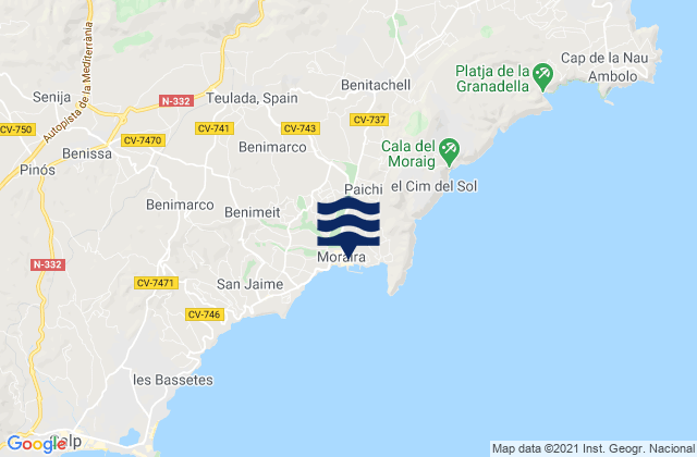 Karte der Gezeiten Moraira, Spain