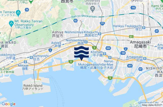 Karte der Gezeiten Nishinomiya-hama, Japan