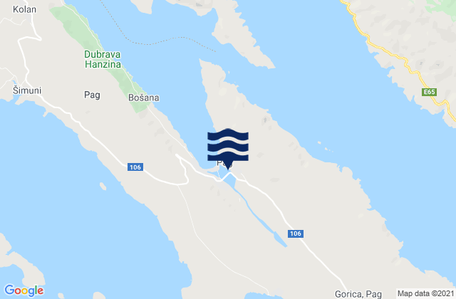 Karte der Gezeiten Pag, Croatia