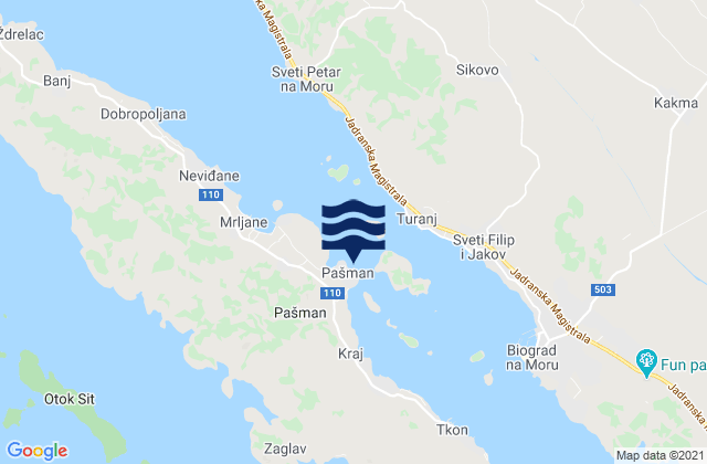 Karte der Gezeiten Pašman, Croatia