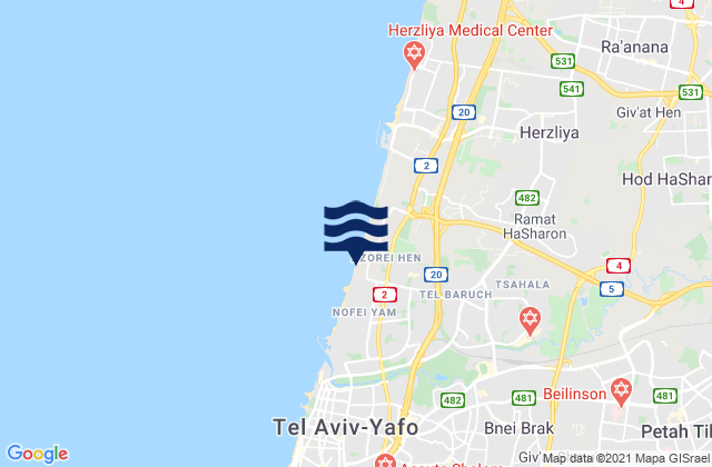 Karte der Gezeiten Petaẖ Tiqwa, Israel