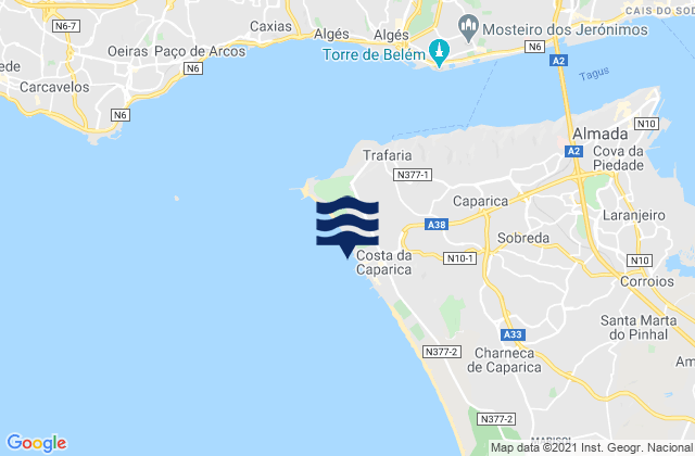 Karte der Gezeiten Praia da Costa da Caparica, Portugal