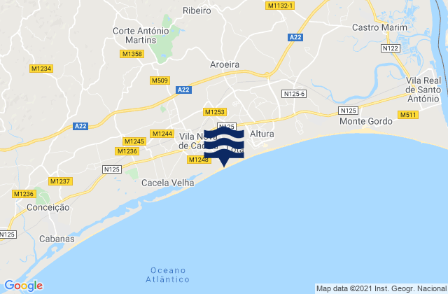 Karte der Gezeiten Praia da Manta Rota, Portugal