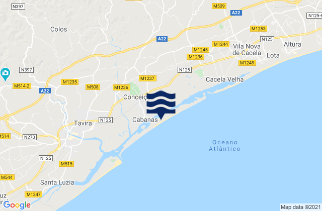 Karte der Gezeiten Praia de Cabanas, Portugal