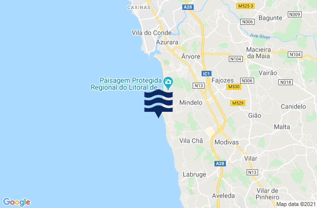 Karte der Gezeiten Praia de Mindelo, Portugal