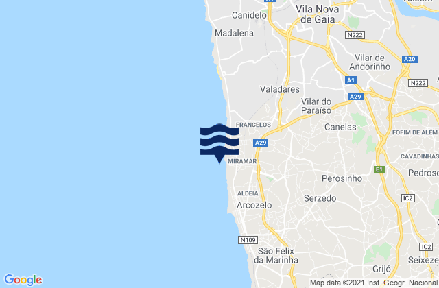 Karte der Gezeiten Praia de Miramar, Portugal