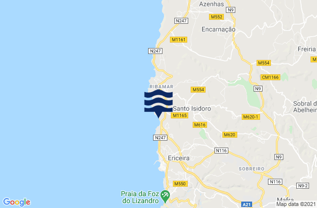 Karte der Gezeiten Praia de Ribeira d'Ilhas, Portugal