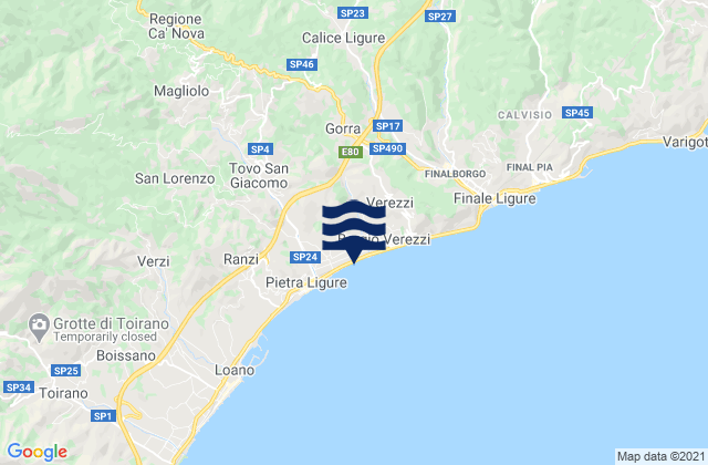 Karte der Gezeiten Provincia di Savona, Italy