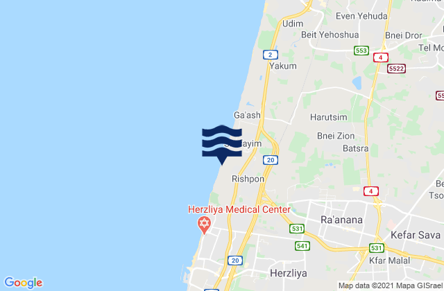 Karte der Gezeiten Ra'anana, Israel