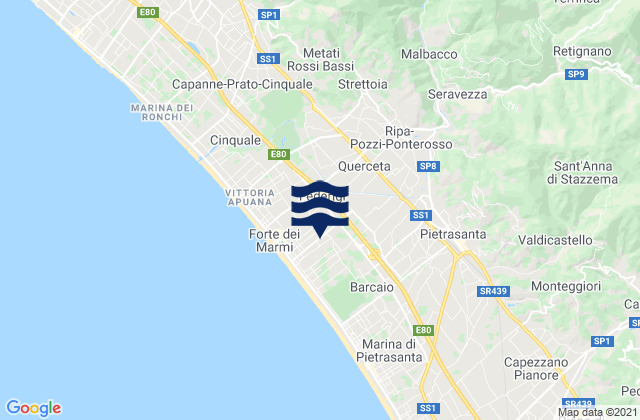 Karte der Gezeiten Ripa-Pozzi-Querceta-Ponterosso, Italy