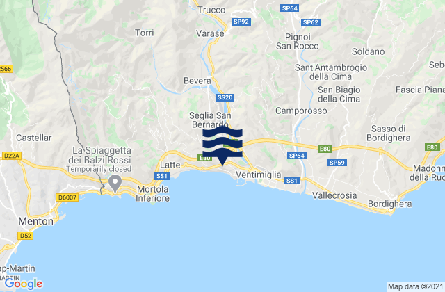Karte der Gezeiten Rocchetta Nervina, Italy