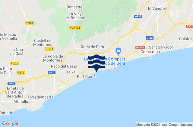 Karte der Gezeiten Roda de Barà, Spain