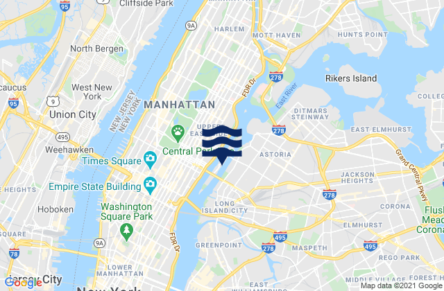 Karte der Gezeiten Roosevelt Island, north end, East River, United States