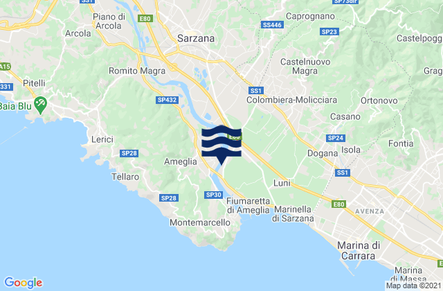 Karte der Gezeiten Sarzana, Italy