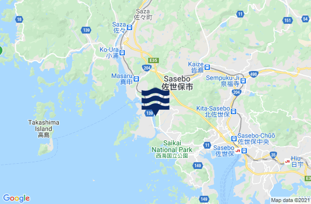 Karte der Gezeiten Sasebo Shi, Japan