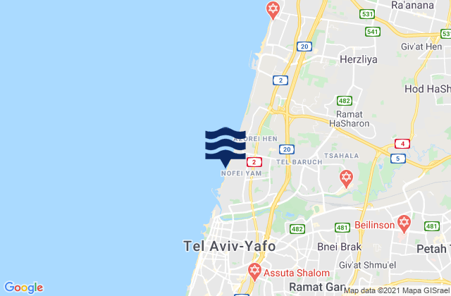 Karte der Gezeiten Tel Baruch North Beach, Palestinian Territory
