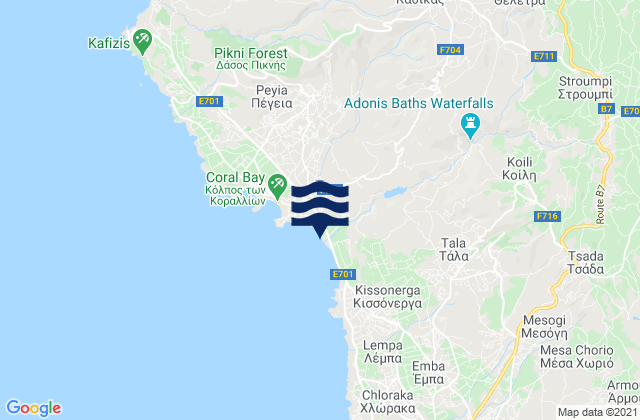 Karte der Gezeiten Thelétra, Cyprus