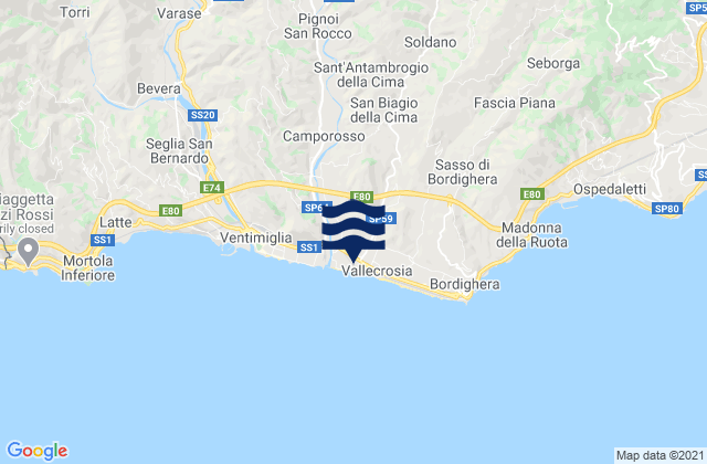 Karte der Gezeiten Vallecrosia, Italy