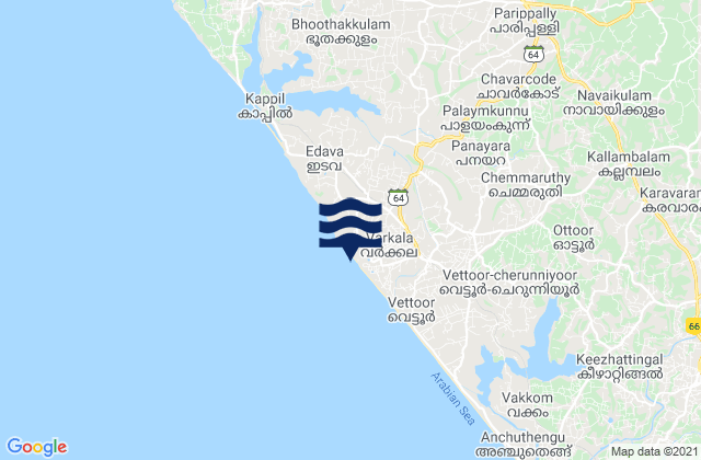 Karte der Gezeiten Varkkallai, India