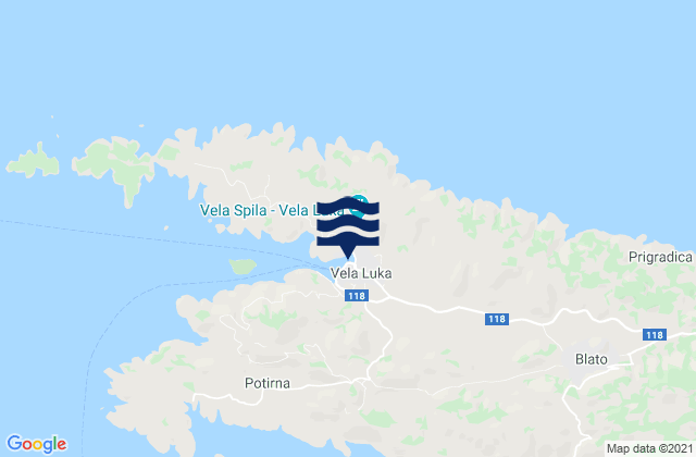 Karte der Gezeiten Vela Luka, Croatia